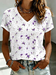 Women's Purple Flora Art Printed V-neck T-shirt