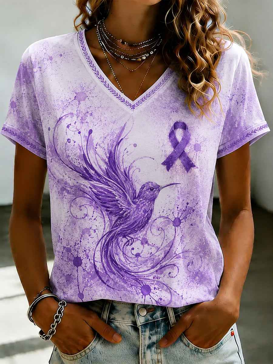 Women's Purple Flora Art Printed V-neck T-shirt
