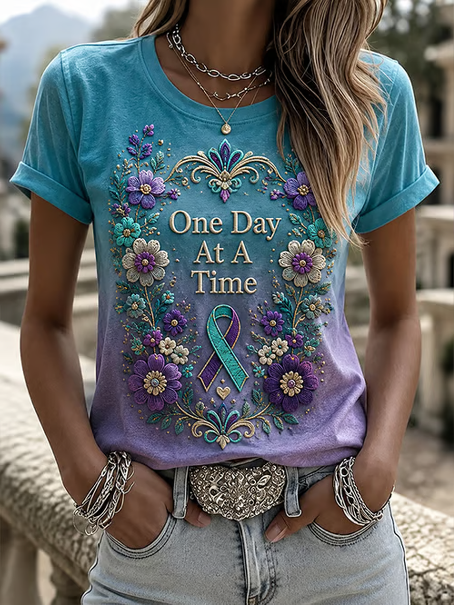 Women's One Day At A Time Flower Art Print short-sleeved T-shirt gracestitchs