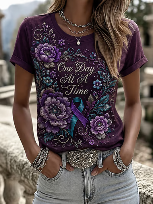 Women's One Day At A Time Flower Art Print short-sleeved T-shirt gracestitchs