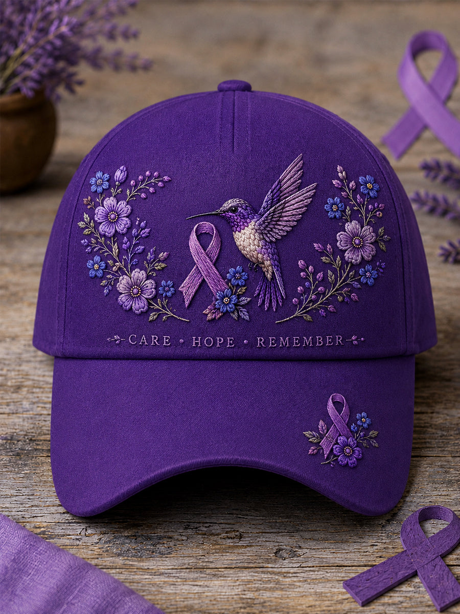 Unisex Purple Floral & Hummingbird Print Alzheimer's Awareness Support Hat gracestitchs