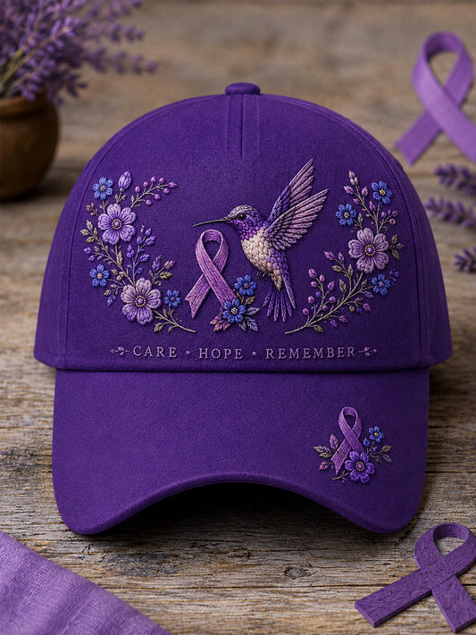 Unisex Purple Floral & Hummingbird Print Alzheimer's Awareness Support Hat gracestitchs