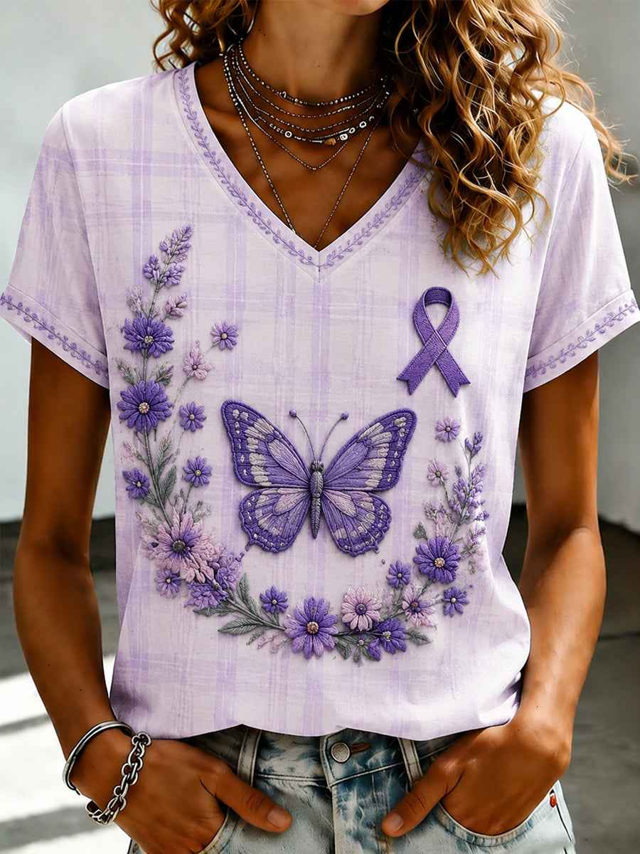 Women's Purple Flora Art Printed V-neck T-shirt