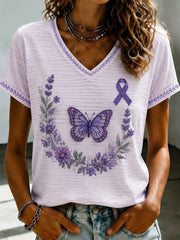 Women's Purple Flora Art Printed V-neck T-shirt