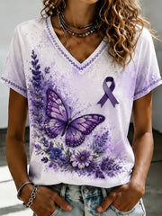Women's Purple Flora Art Printed V-neck T-shirt gracestitchs