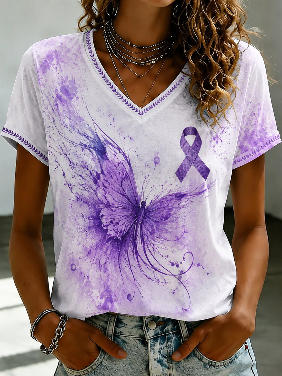 Women's Purple Flora Art Printed V-neck T-shirt gracestitchs