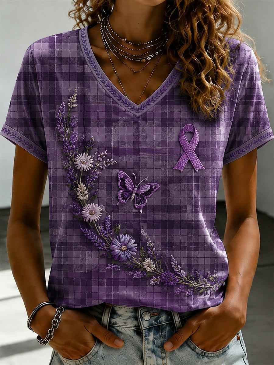 Women's Purple Flora Art Printed V-neck T-shirt