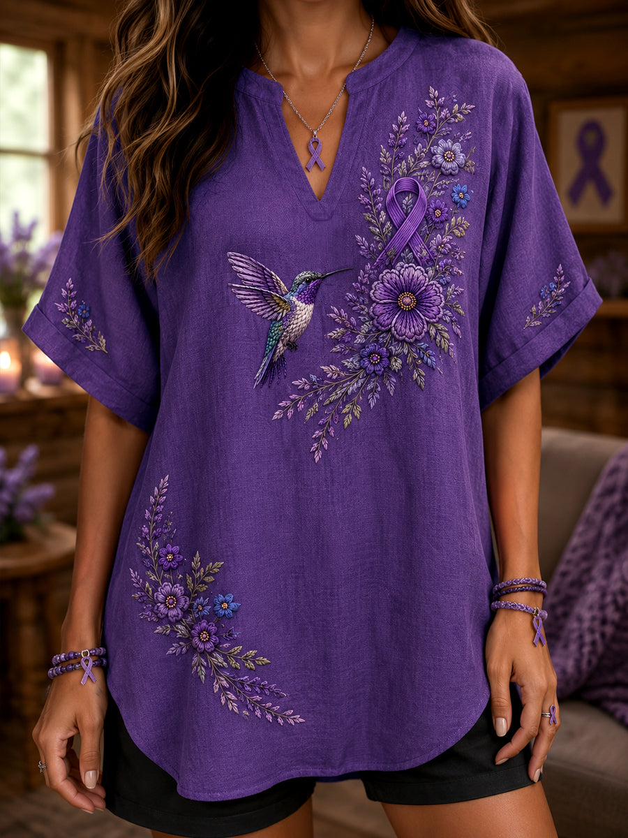 Women's Purple Floral & Hummingbird Print Alzheimer's Awareness Support V-Neck Shirt gracestitchs
