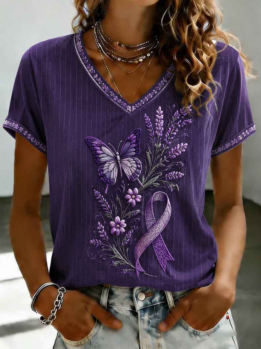 Women's Purple Flora Art Printed V-neck T-shirt