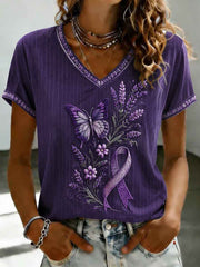 Women's Purple Flora Art Printed V-neck T-shirt