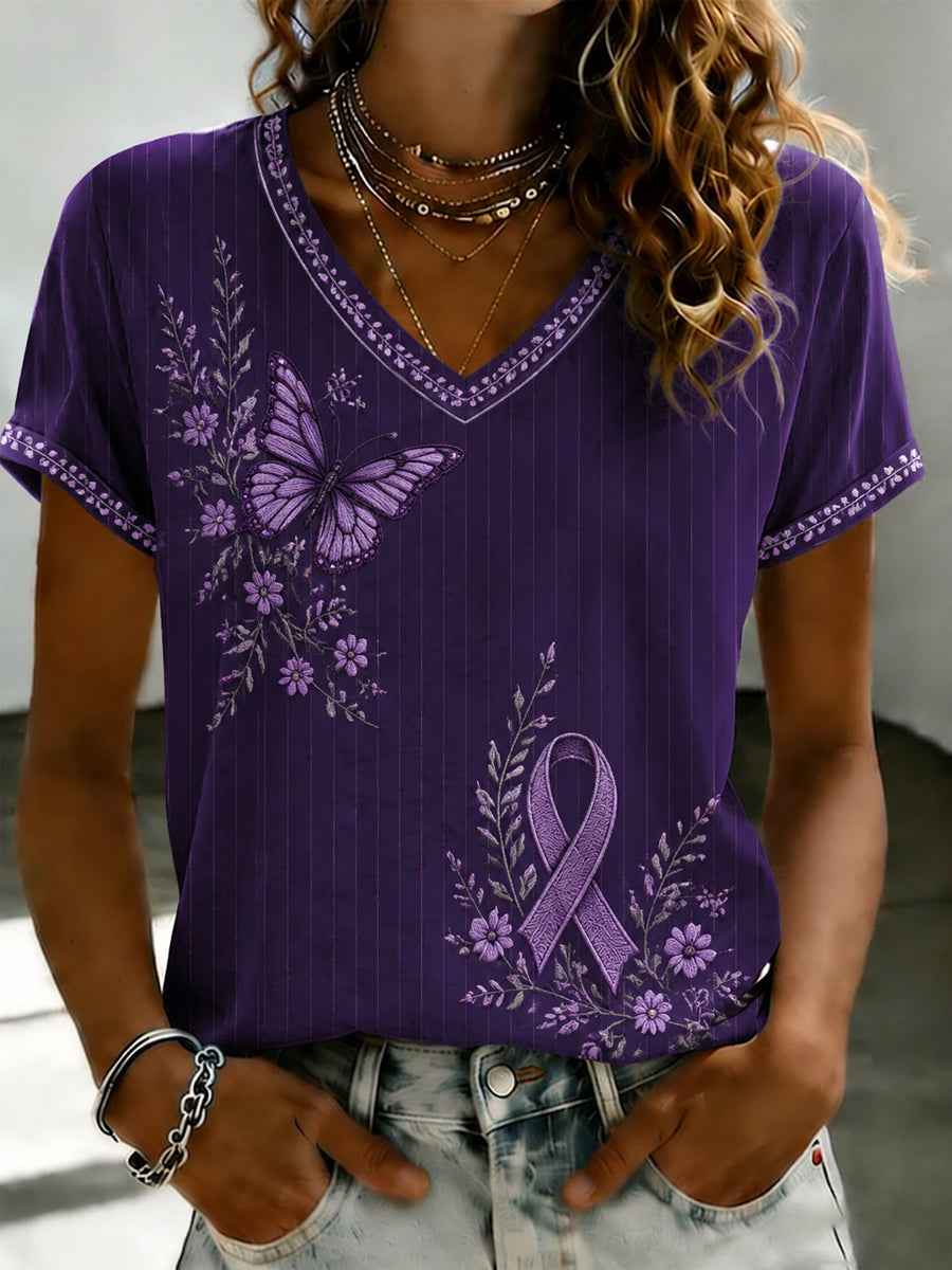 Women's Purple Flora Art Printed V-neck T-shirt