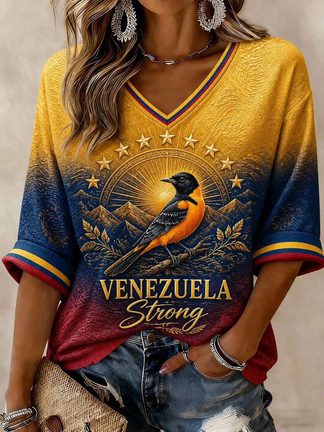Women's Troupial Venezuela Strong Printed Mid-length Sleeves V-neck T-shirt