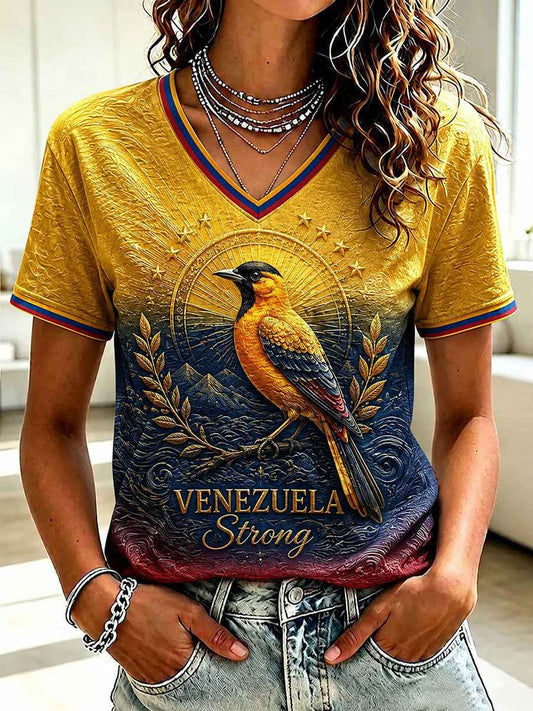 Women's Troupial Venezuela Strong Printed V-neck T-shirt