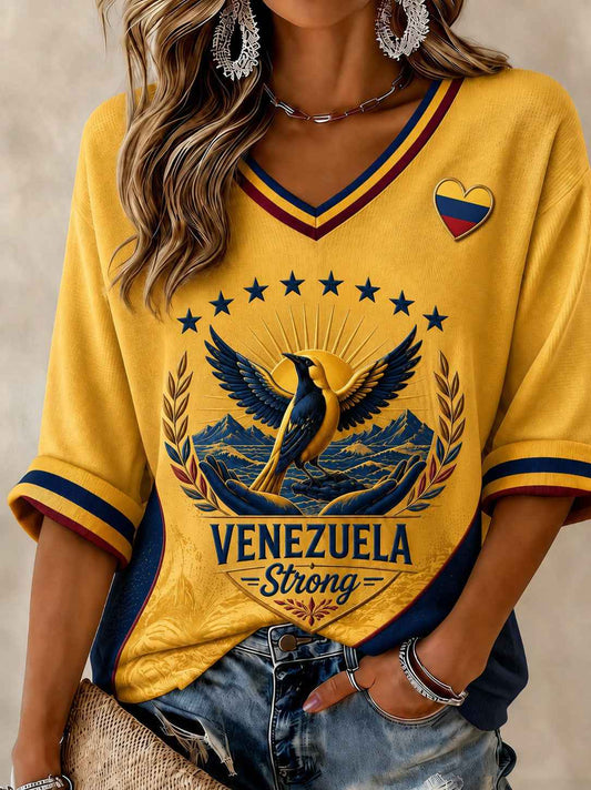 Women's Troupial Venezuela Strong Printed Mid-length Sleeves V-neck T-shirt