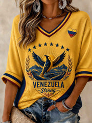 Women's Troupial Venezuela Strong Printed Mid-length Sleeves V-neck T-shirt