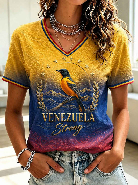 Women's Troupial Venezuela Strong Printed V-neck T-shirt