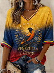 Women's Troupial Venezuela Strong Printed Mid-length Sleeves V-neck T-shirt