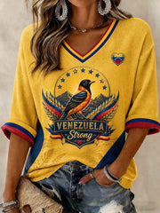 Women's Troupial Venezuela Strong Printed Mid-length Sleeves V-neck T-shirt