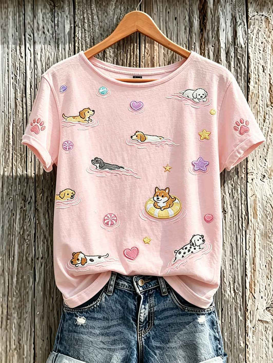 Women's cute dog pattern printed short-sleeved T-shirt