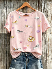 Women's cute dog pattern printed short-sleeved T-shirt