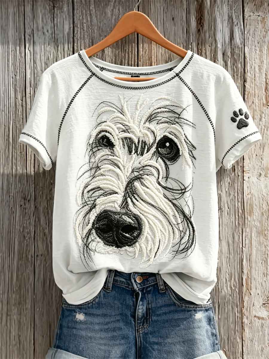 Women's Fuzzy Maltese Dog Face Abstract Art & Paw Print short-sleeved T-shirt