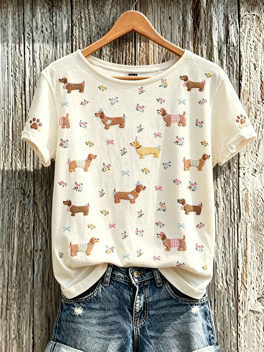 Women's cute dog pattern printed short-sleeved T-shirt