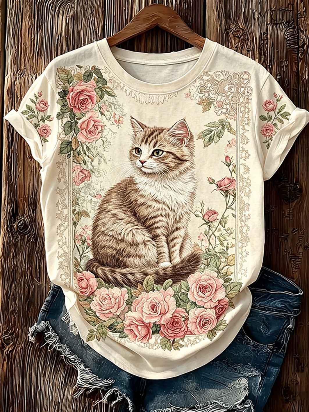 Women's cute cat pattern printed casual short-sleeved T-shirt