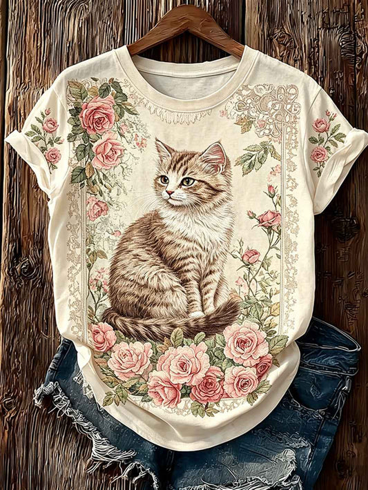 Women's cute cat pattern printed casual short-sleeved T-shirt