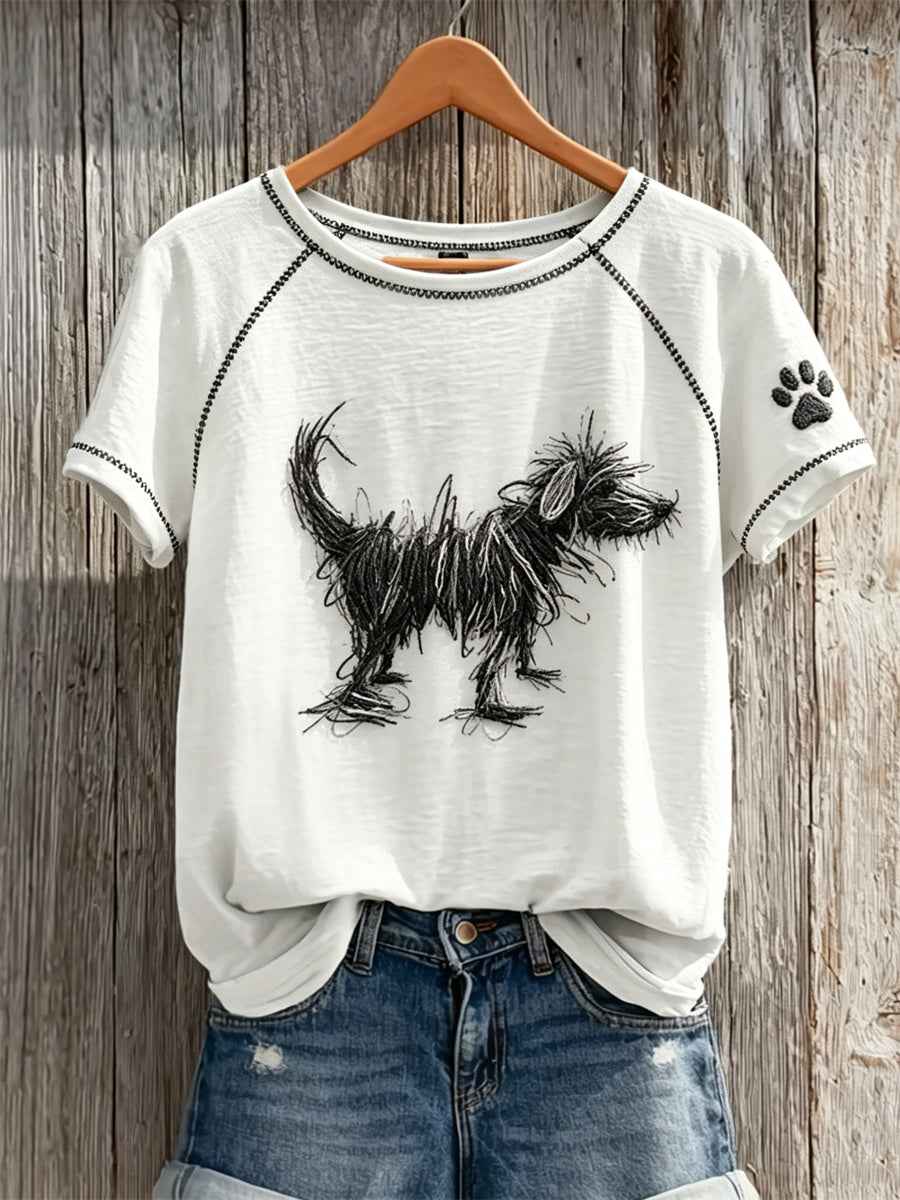 Women's Fuzzy Dog Abstract Art & Paw Print short-sleeved T-shirt