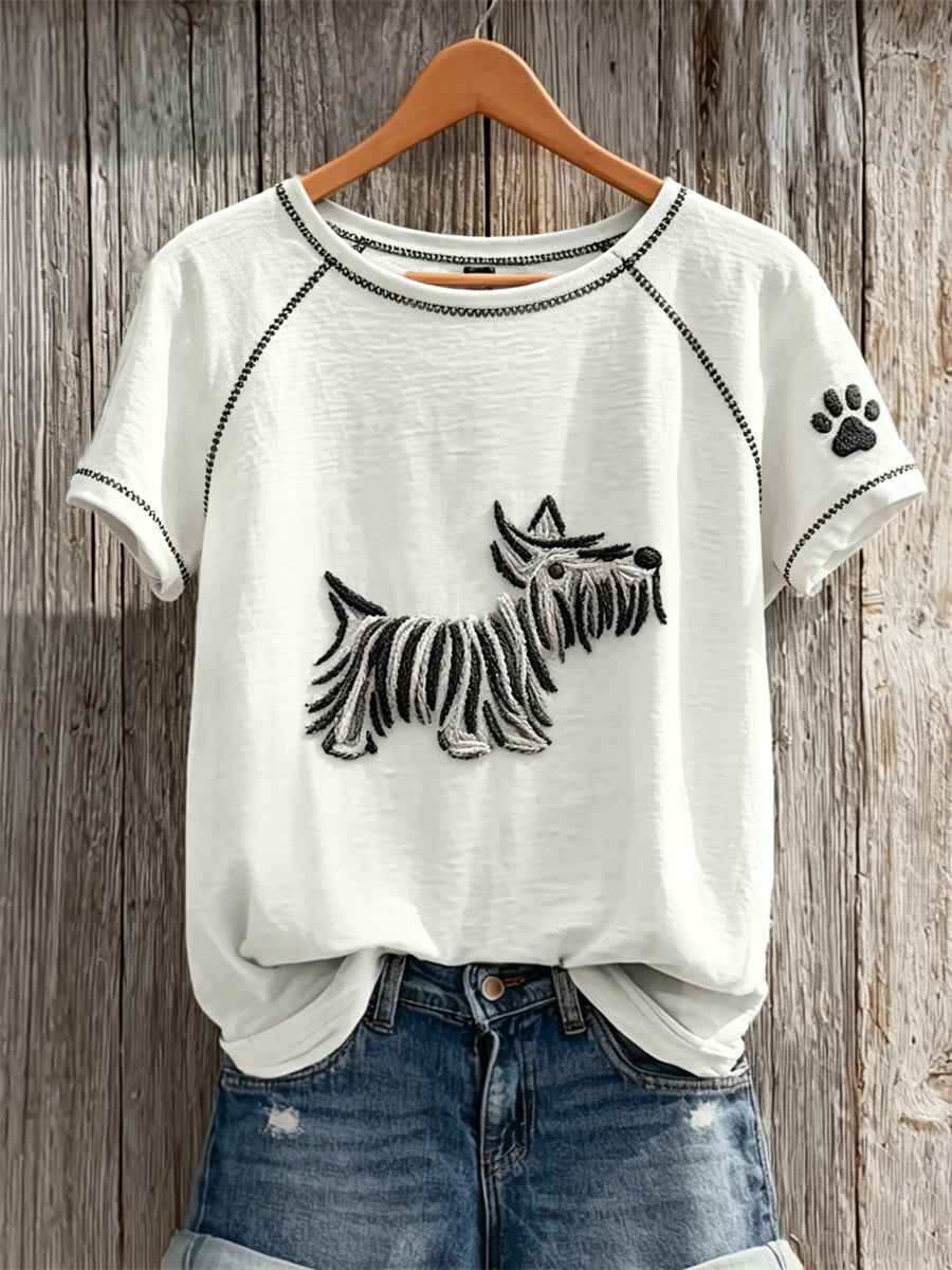 Women's Fuzzy Schnauzer Dog Abstract Art & Paw Print short-sleeved T-shirt