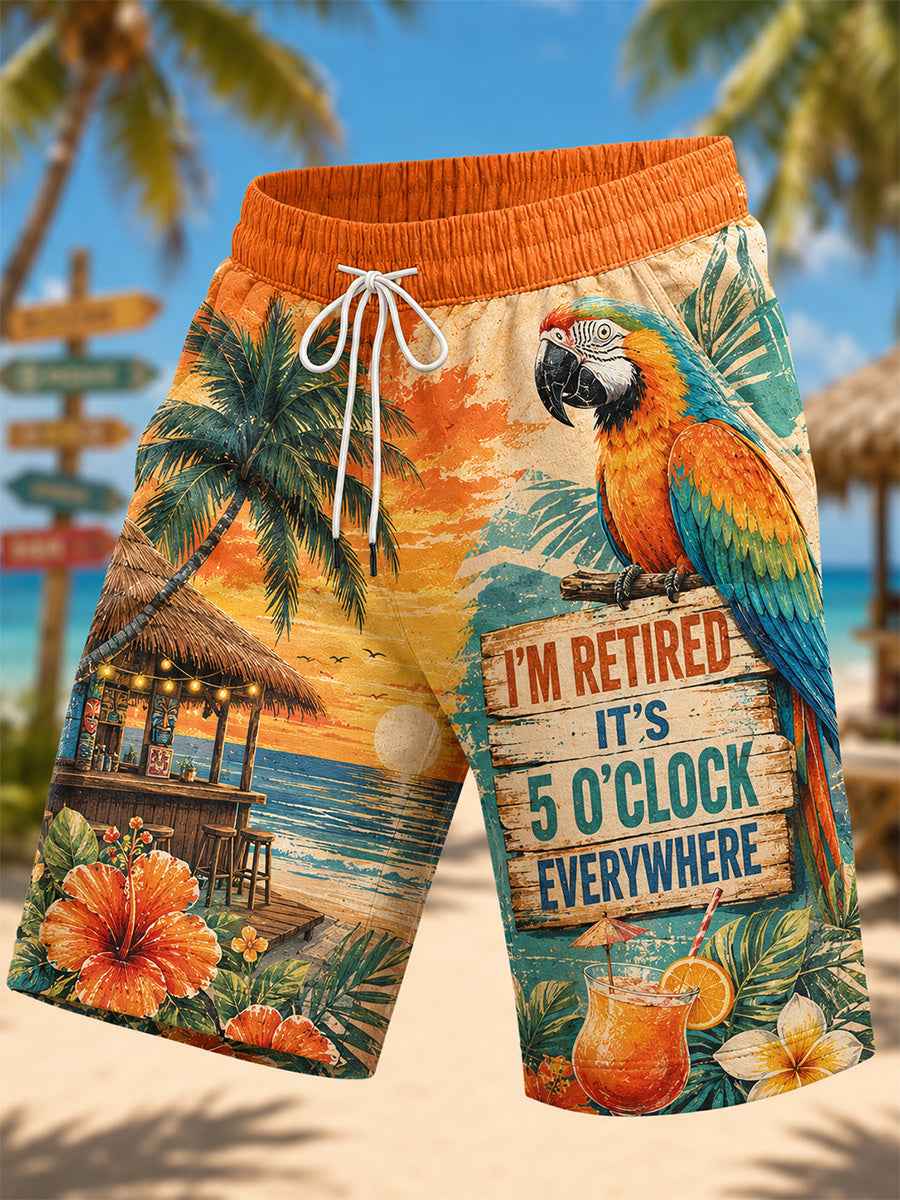 Men's I'm Retired It's 5 O'clock Everywhere Parrot Print Casual Shorts