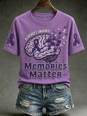 Women's Alzheimer's Awareness Dementia Support Purple Ribbon Print Short Sleeve T-shirt