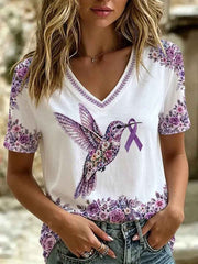 Women's  Alzheimer's Awareness Support Purple Floral & Hummingbird Print  T-shirt