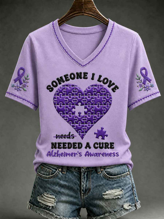 Women's Alzheimer's Awareness Dementia Support Purple Ribbon Print Short Sleeve T-shirt