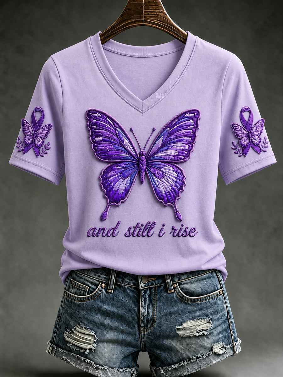 Women's Alzheimer's Awareness Dementia Support Purple Ribbon Butterfly Print Short Sleeve T-shirt