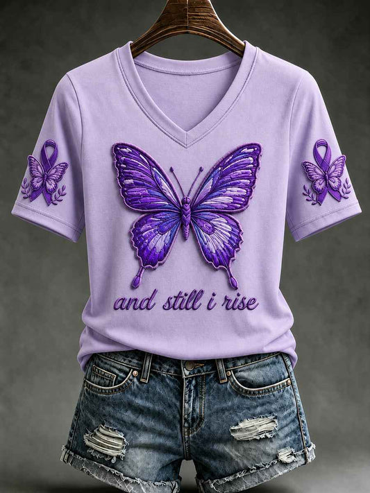 Women's Alzheimer's Awareness Dementia Support Purple Ribbon Butterfly Print Short Sleeve T-shirt