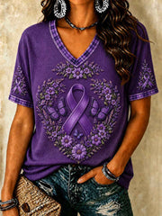 Women's Alzheimer's Awareness Support Purple Floral & Purple Ribbon Print Short Sleeve T-shirt