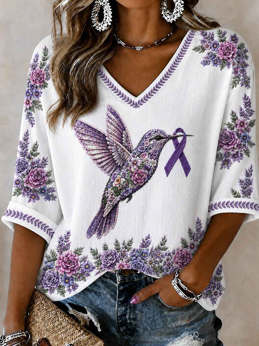 Women's Alzheimer's Awareness Support Purple Floral & Hummingbird Print  Linen V-Neck Shirt