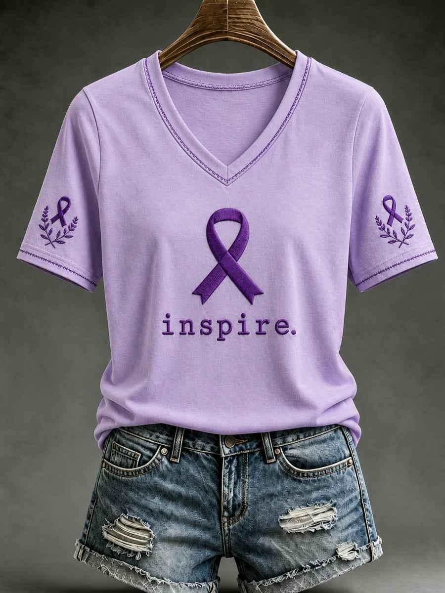 Women's Alzheimer's Awareness Dementia Support Purple Ribbon Print Short Sleeve T-shirt