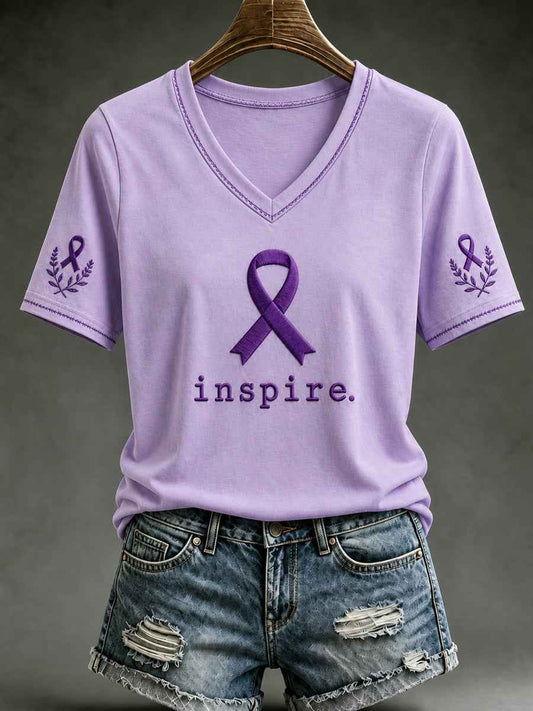 Women's Alzheimer's Awareness Dementia Support Purple Ribbon Print Short Sleeve T-shirt
