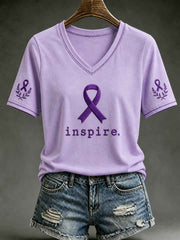 Women's Alzheimer's Awareness Dementia Support Purple Ribbon Print Short Sleeve T-shirt