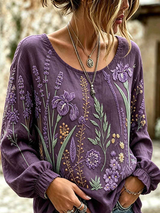 Women's Purple Plant Flower Pattern Printed Casual Cotton-Linen Shirt