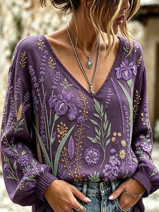 Women's Purple Plant Flower Pattern Printed Casual Cotton-Linen Shirt gracestitchs
