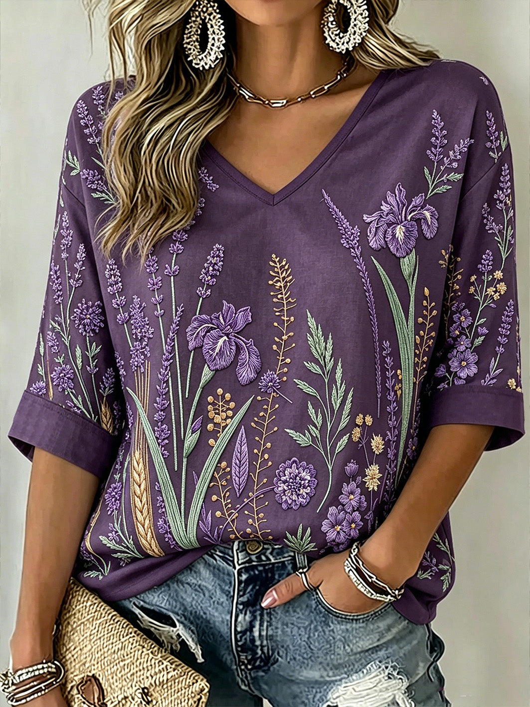 Women's Purple Plant Pattern Printed Mid-length Sleeves V-Neck T-Shirt gracestitchs