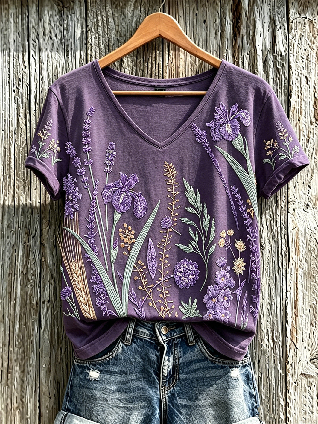 Women's purple plant flower pattern printed casual T-shirt gracestitchs