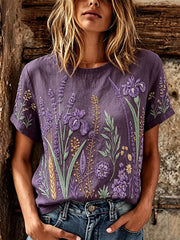 Women's purple plant flower pattern printed casual linen short-sleeved T-shirt gracestitchs