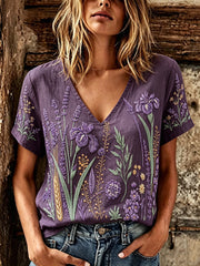 Women's purple plant flower pattern printed casual linen short-sleeved T-shirt gracestitchs