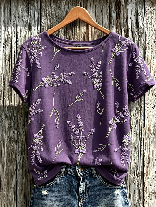 Women's Purple Plant Flower Pattern Printed Casual Short-Sleeved T-shirt gracestitchs