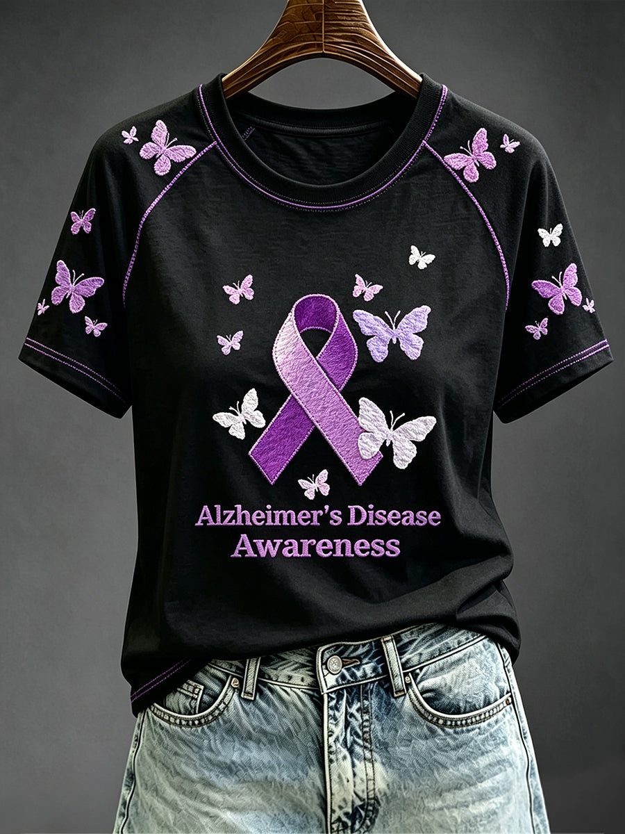 Women's Purple Ribbon Awareness Print Contrast Sleeve Round Neck T-shirt gracestitchs