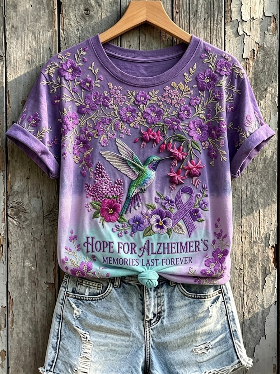 Women's Memories Last Forever Purple Ribbon Hummingbird Print Short-sleeved T-shirt gracestitchs